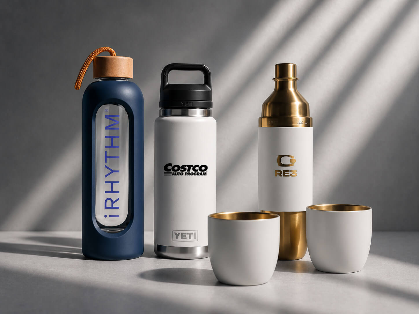Branded water bottles and drinkware